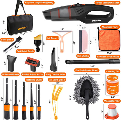 Car Cleaning Kit 19Pcs, Car Interior Detailing Kit with 12000PA High Power Handheld 12V Corded Vacuum, Detailing Brush Set, Cleaning Gel, Complete Car Vacuum Cleaner with Storage Bag for Men & Women