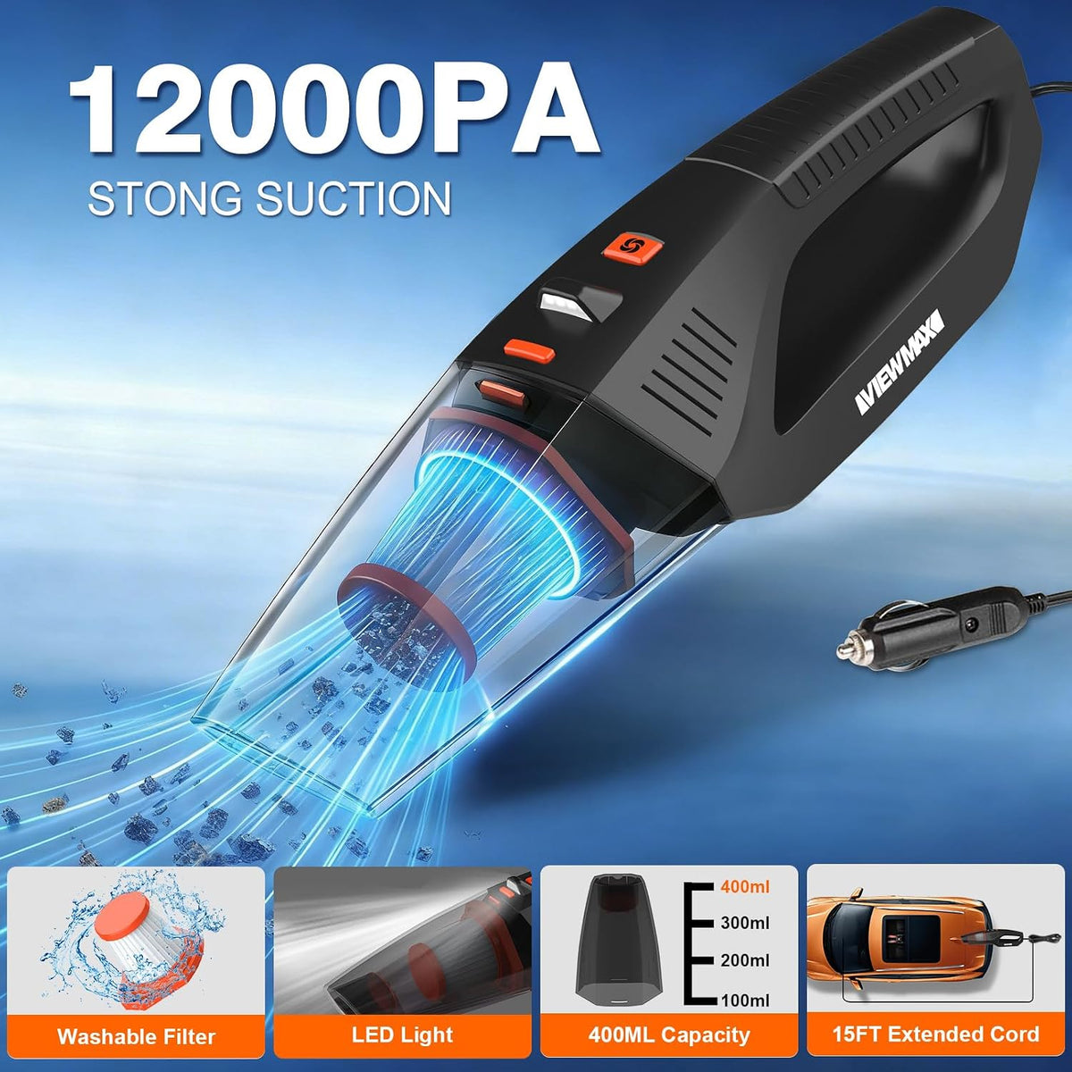 Car Cleaning Kit 19Pcs, Car Interior Detailing Kit with 12000PA High Power Handheld 12V Corded Vacuum, Detailing Brush Set, Cleaning Gel, Complete Car Vacuum Cleaner with Storage Bag for Men & Women